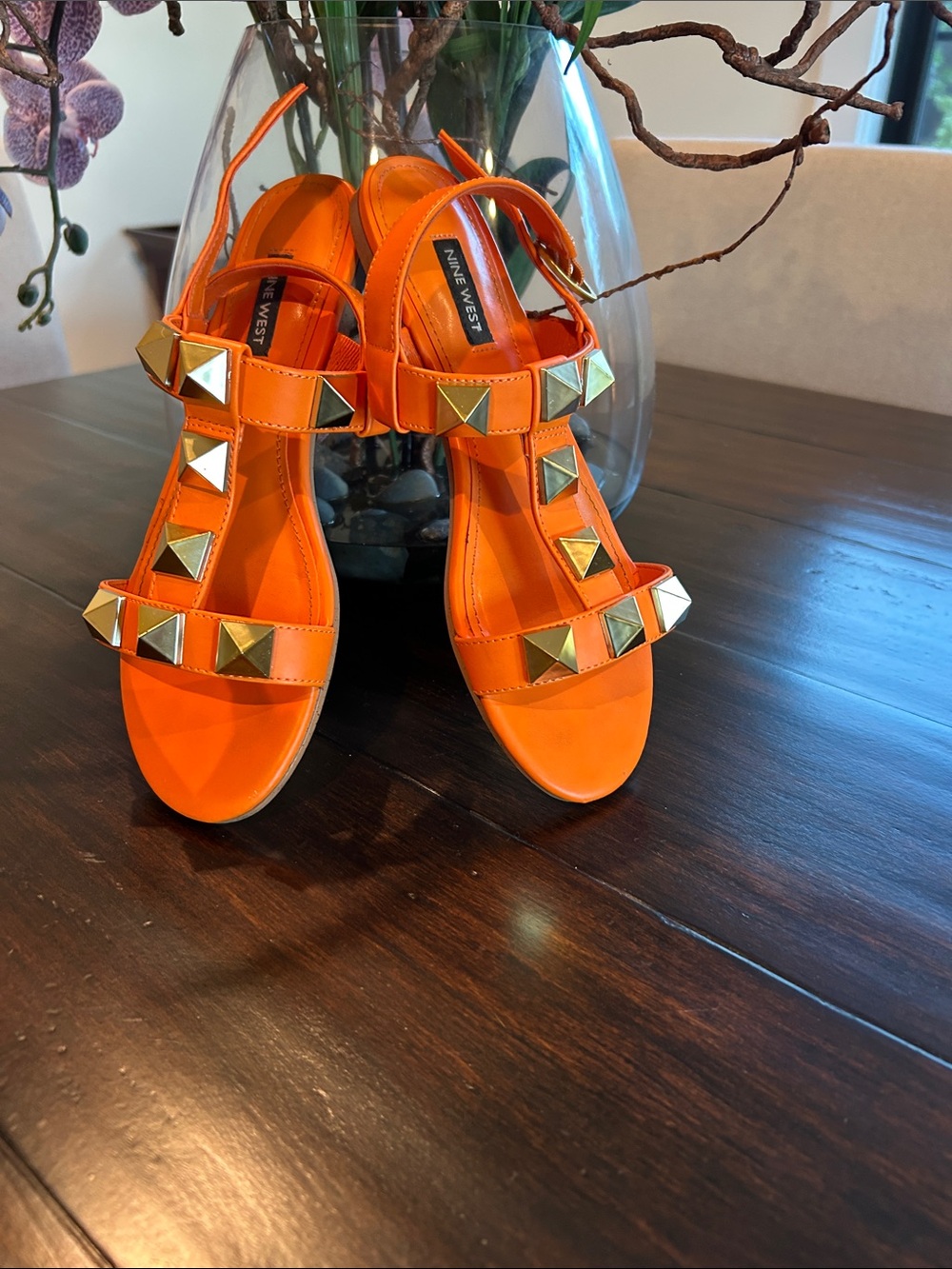 Nine West Bright Orange Pyramid-Stud T-Strap Sandals
